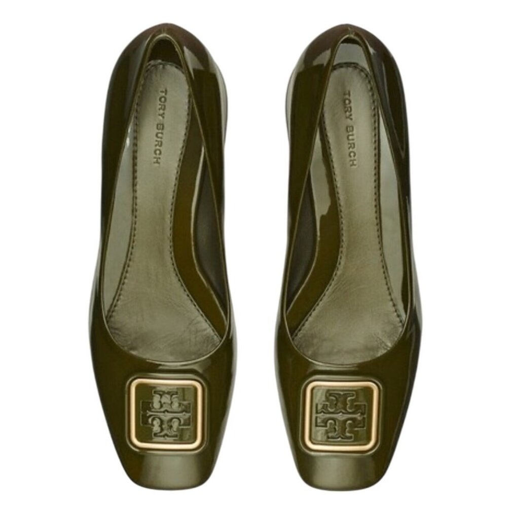 Tory Burch Georgia Pumps Olive Green Leather Block Heel Shoes Size 8